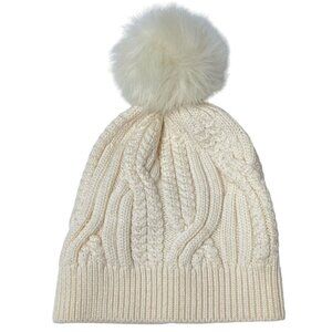 CLUB MONACO Adorelli Hat Cable Knit Wool Beanie with Faux Fur Pompom Cream
